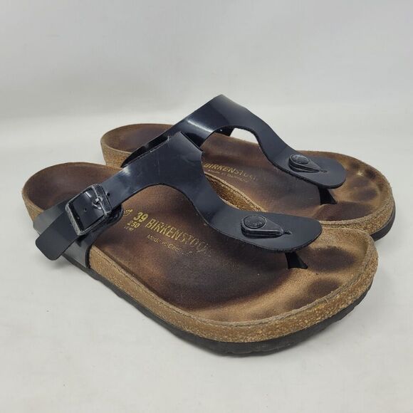 Birkenstock Sandals Womens EU39 US8.5 Gizeh Black Patent Leather Slides Comfort